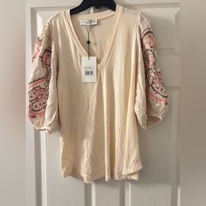 Hale Bob Cream V-Neck Blouse with Pink Paisley Sleeves